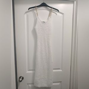 super stretchy white dress with gold chain straps
